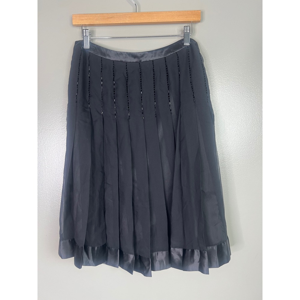 Black beaded silk satin chiffon A line full skirt size 8 pleated whimsical party